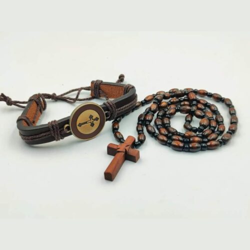 Set regalo braccialetto in legno e rosario 2 in 1