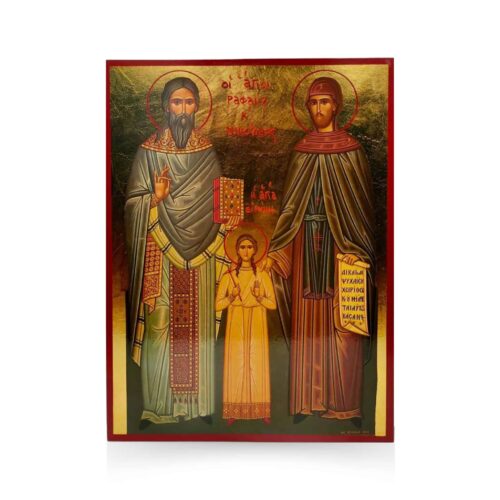 Icon of Saint Raphael, Saint Nicholas and Saint Peace 20X26cm Wooden