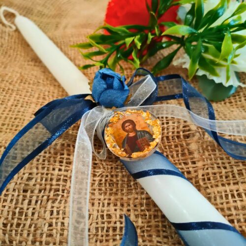 Resurrection candle with image of Christ blue ribbon