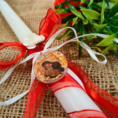 Resurrection candle red ribbon with Icon of the Virgin