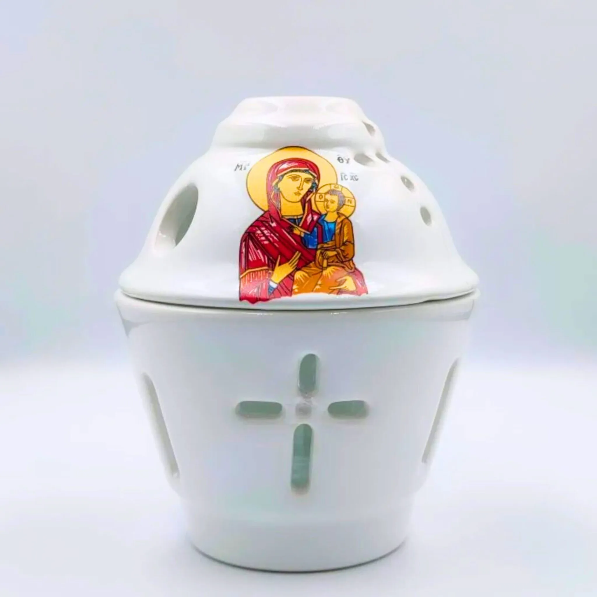 Καντήλι Αποστολικό Κεραμικό Θεομήτωρ με ποτηράκι Λευκό