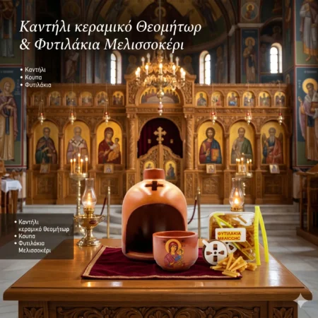 Καντήλι κεραμικό Θεομήτωρ και Φυτιλάκια Μελισσοκέρι