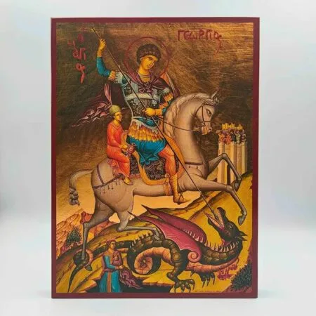 Icono eclesiástico de San Jorge de estilo bizantino con detalles dorados especiales sobre madera MDF.
