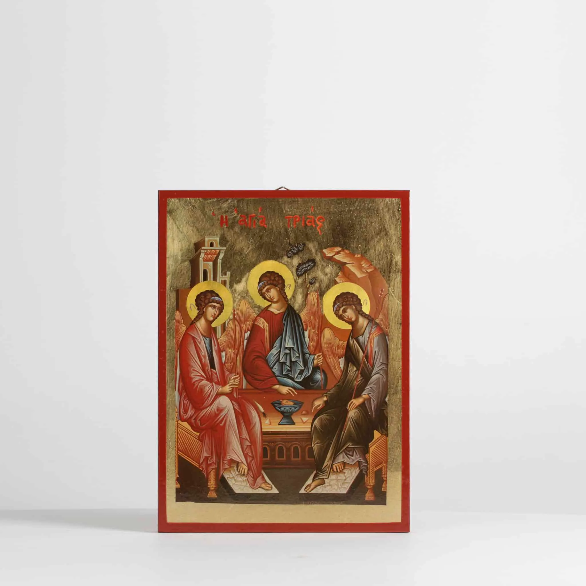 Icono de la Santísima Trinidad Madera Dorada 20x26 (Tres Ángeles, de la Hospitalidad de Abraham)
