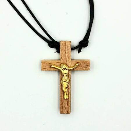 Ξύλινος Σταυρός Λαιμού με Ανάγλυφο Μπρούτζινο Εσταυρωμένο