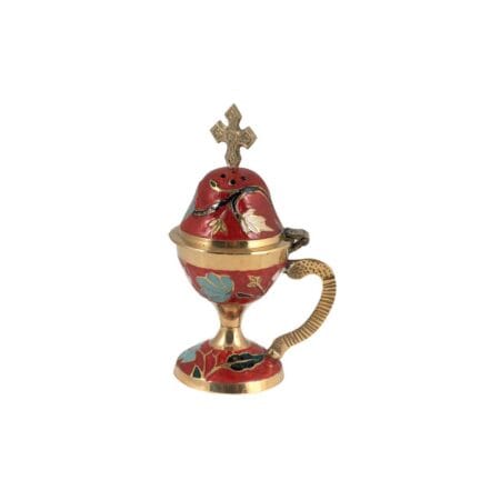 Μπρούτζινο θυμιατό με κόκκινο σμάλτο και πολύχρωμα σχέδια 13cm