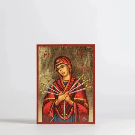 Византијска икона Богородице са седам мачева у МДФ дрвету са позлатом