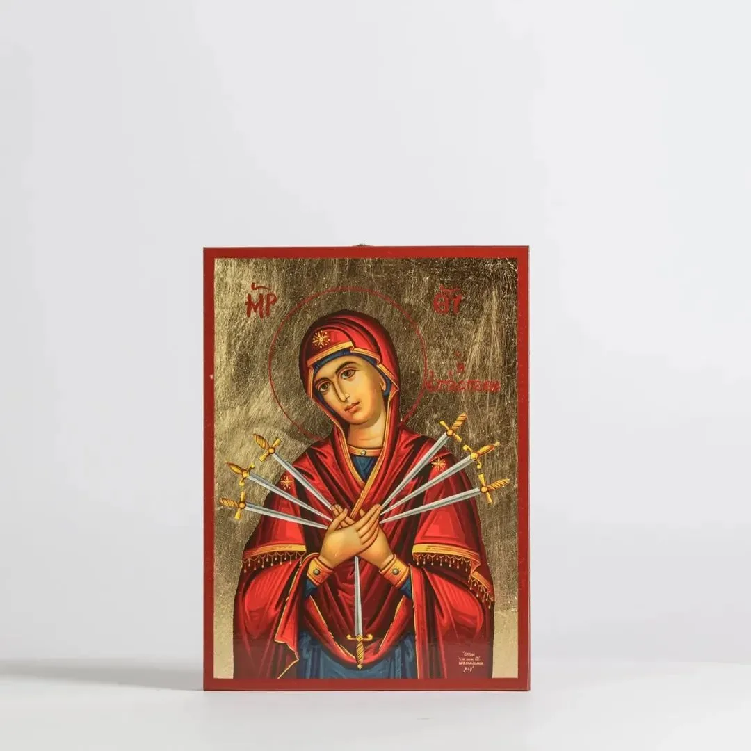 Icono bizantino de la Virgen María de las Siete Espadas en madera MDF con dorado