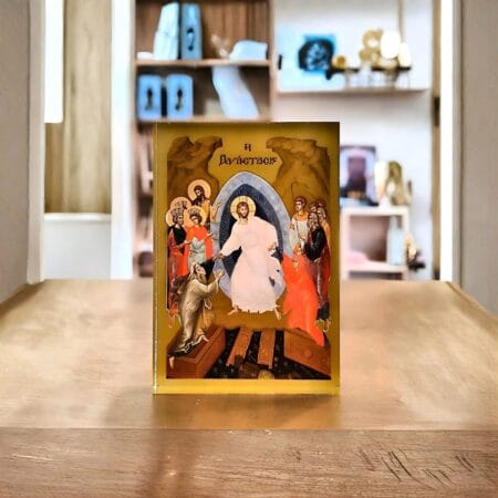 Επιτραπέζια εικόνα Ανάστασης του Χριστού σε διάφανο Plexiglass με χρυσές λεπτομέρειες (11x7.5εκ.)