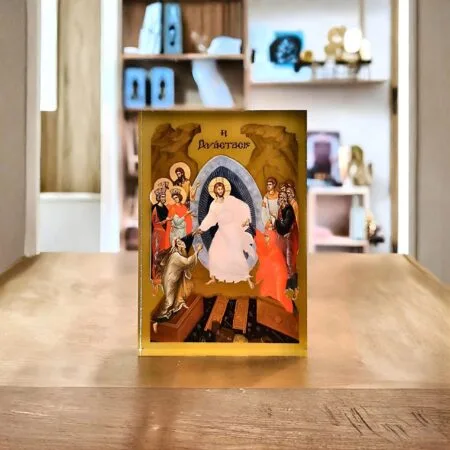 Стона икона Васкрсења Христовог од провидног плексигласа са златним детаљима (11x7.5 цм)