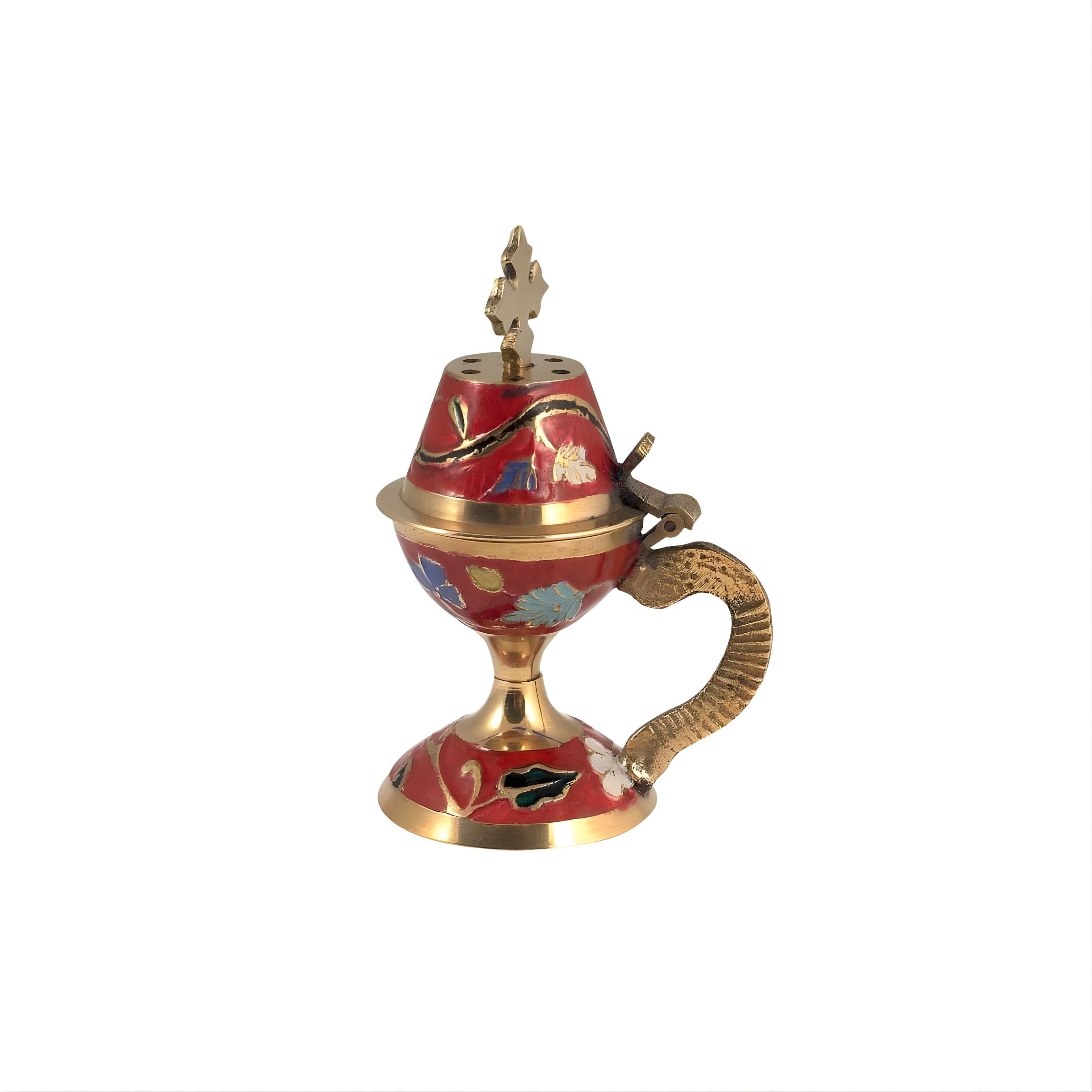 Μικρό μπρούτζινο οικιακό θυμιατό με κόκκινο σμάλτο (Ύψος 11cm)