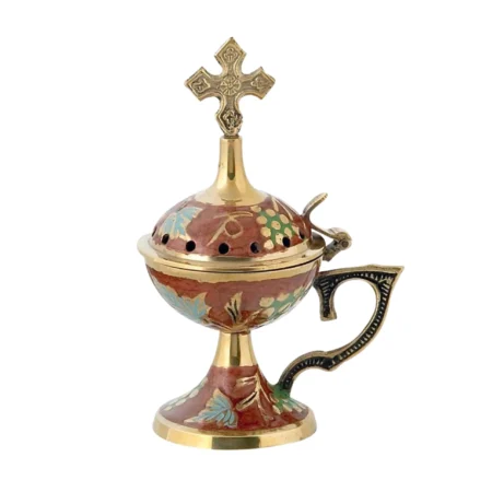 Μπρούτζινο οικιακό θυμιατό με κόκκινο σμάλτο, σχέδια αμπέλου και σταυρό στην κορυφή